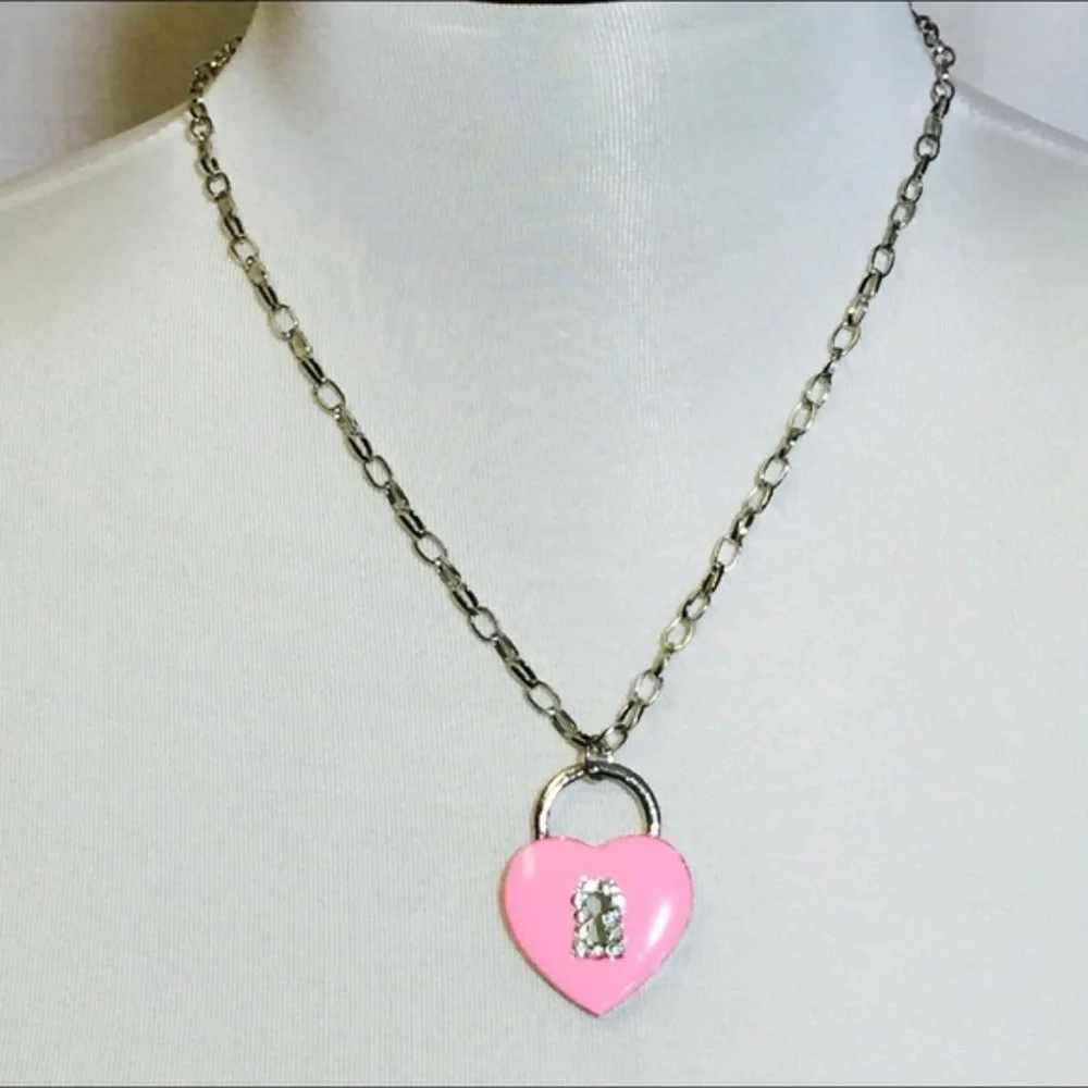 2/$10 Girls Pink Heart Lock Rhinestone Pendant Necklace | 7 Inch
